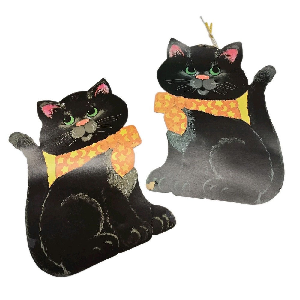 Vintage 80s 90s Halloween EUREKA Die Cut Double Side BLACK CAT Sorcerer SET 2